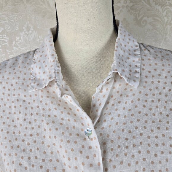 Rachel Zoe Size Medium Linen Button Up Blouse White Tan Polka Dots Boxy Cut - Picture 2 of 11